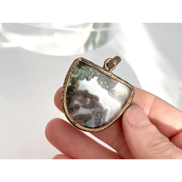 Moss Agate Geometric Gold Tint Gemstone Sterling Silver 925 Vintage Pendant - Picture 7 of 10